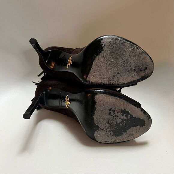 Prada Suede Fringe Peep Toe Bootie Dark Brown EU 38 EUC MSRP $1145 - Picture 8 of 10